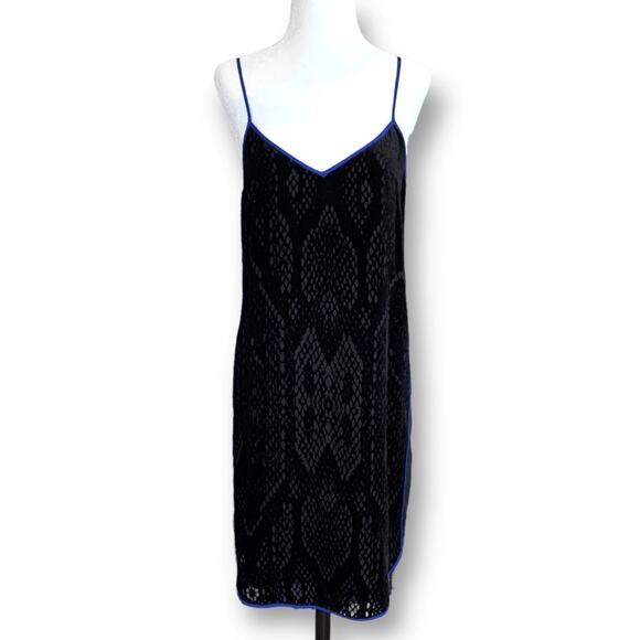 Rebecca Taylor Black Burnout Velvet Snake Print Slip Dress Blue Trim Size 4 - Picture 3 of 11